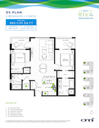 A floor plan for a 2 bedroom, 2 bath apartment with a total area of 960-1,110 square feet.