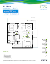 A floor plan for a 2 bedroom, 2 bath rental by Riva Residences.