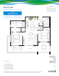 A floor plan for a 2 bedroom, 2 bath apartment with a total area of 950 square feet.