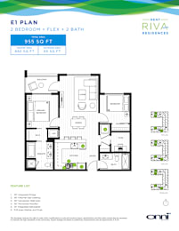 A floor plan for the E1 Plan, a 2 bedroom, flex, and 2 bath apartment at Bent Riva Residences.