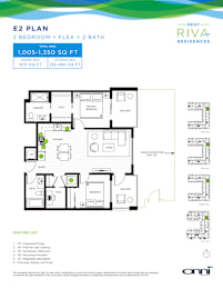 A floor plan for the E2 Plan, a 2 bedroom plus flex space and 2 bath unit, is displayed.