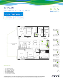 A floor plan for a 2 bedroom, 2 bath apartment sized 1,015-1,290 square feet.
