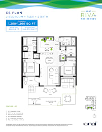 A floor plan for an E6 Plan 2 Bedroom + Flex + 2 Bath rental by RIVA Residences.