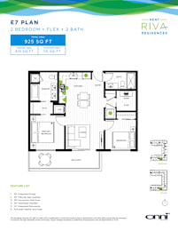 A floor plan for an E7 Plan 2 Bedroom + Flex + 2 Bath rental by Riva Residences.