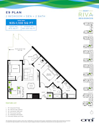 A floor plan for the E9 Plan, a 2 bedroom plus 2 bath residence, is displayed.