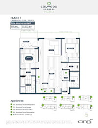 A floor plan for a 2 bedroom, 2 bath apartment with a total area of 996 square feet.