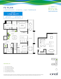 A floor plan for the Rent Riva Residences shows a 2 bedroom, 2 bath, and sky terrace apartment.