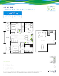 A floor plan for an apartment rental by Riva Residences showing a 2 bedroom, 2 bathroom layout with a balcony.