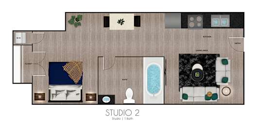 A floor plan of a studio apartment with a living area, kitchen, and bathroom.