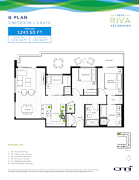 A floor plan for a 3 bedroom, 2 bathroom apartment of 1,240 square feet.