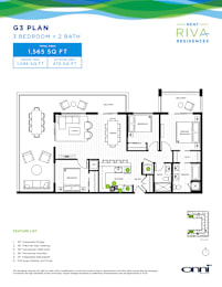 A floor plan for a 3 bedroom, 2 bathroom apartment of 1,565 square feet.