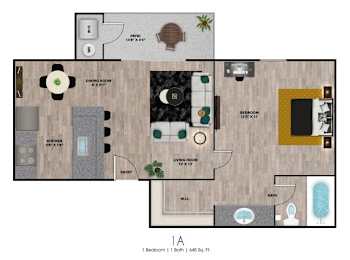 A floor plan of a one bedroom apartment with a bathroom, kitchen, dining room, and living room.