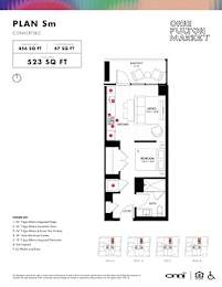 A floor plan for a 523 square foot space is displayed.