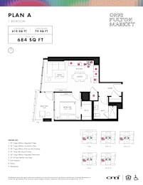 One bed one bathroom floorplan at Onni Fulton Market Apartments, Chicago, IL 60661