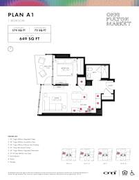 One bedroom one bathroom floorplan with balcony at Onni Fulton Market Apartments, Chicago, IL