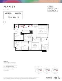 One bed one bathroom floorplan with balcony at Onni Fulton Market Apartments, Chicago