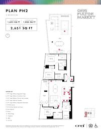 3 bedroom 3 bathroom penthouse floorplan with balcony at Onni Fulton Market Apartments, Chicago, Illinois