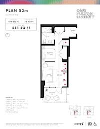 1 bed one bath floorplan with balcony at Onni Fulton Market Apartments, Chicago, IL