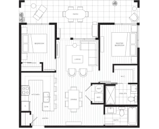 a floor plan of a modern apartment with a bedroom and a living room