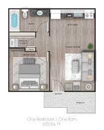 1Bed 1Bath Floor Plan at The Hamptons Apartments, Mesa, 85204