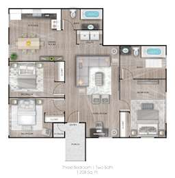 3Bed 2Bath Floor Plan at The Hamptons Apartments, Mesa, AZ, 85204