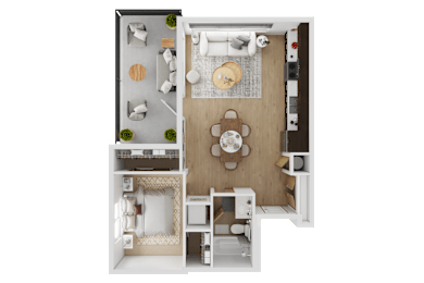 A top-down view of a small apartment with a living room, kitchen, and bedroom  at Spyglass Hill Apartments, Bremerton, 98337