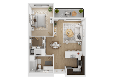 A top-down view of a small apartment layout with a kitchen, living room, and bedroom  at Spyglass Hill Apartments, Bremerton, 98337