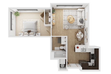 A top-down view of a small, neatly organized apartment with a bedroom, bathroom, and kitchen  at Spyglass Hill Apartments, Bremerton, 98337