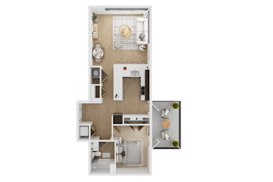 A floor plan of a house with a kitchen, living room, and two bedrooms  at Spyglass Hill Apartments, Bremerton, 98337