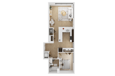 A top-down view of a small apartment with a kitchen, living room, and bedroom  at Spyglass Hill Apartments, Bremerton, 98337