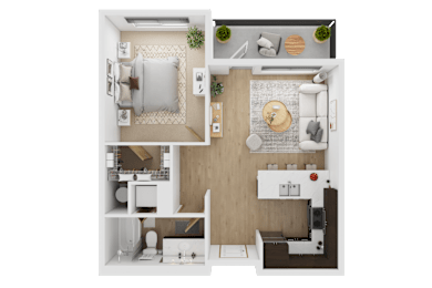 A top-down view of a small apartment with a kitchen, living room, and bedroom  at Spyglass Hill Apartments, Bremerton, 98337