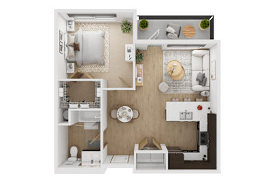 A 3D floor plan of a small apartment with a kitchen, living room, and bathroom  at Spyglass Hill Apartments, Bremerton, 98337
