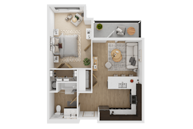 A top-down view of a small apartment layout with a kitchen, living room, and bathroom  at Spyglass Hill Apartments, Bremerton, 98337