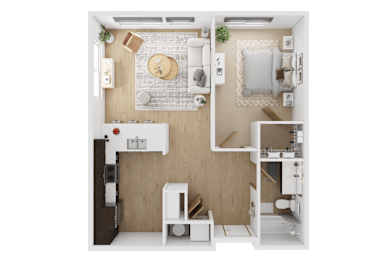A top-down view of a small, neatly organized apartment with a kitchen, living room, and bathroom  at Spyglass Hill Apartments, Bremerton, 98337