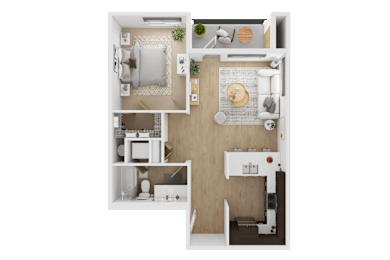 A top-down view of a small apartment with a kitchen, living room, and bathroom  at Spyglass Hill Apartments, Bremerton, 98337