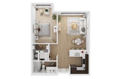 A top-down view of a small apartment with a kitchen, living room, and bedroom  at Spyglass Hill Apartments, Bremerton, 98337