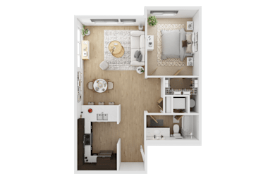 A top-down view of a small, neatly organized apartment  at Spyglass Hill Apartments, Bremerton, 98337