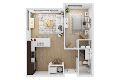 A top-down view of a small, neatly organized apartmenT  at Spyglass Hill Apartments, Bremerton, 98337