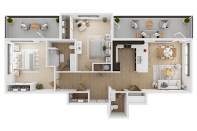A top-down view of a modern apartment layout with a kitchen, living room, dining area, and bedrooms  at Spyglass Hill Apartments, Bremerton, 98337