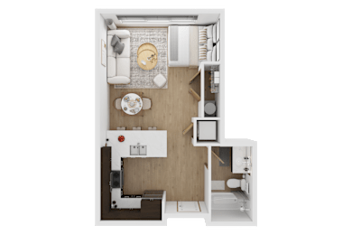 A top-down view of a small, neatly organized apartment  at Spyglass Hill Apartments, Bremerton, 98337