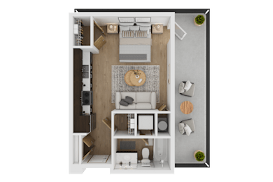 A top-down view of a small, neatly organized apartment with a kitchen, living room, and bathroom  at Spyglass Hill Apartments, Bremerton, 98337