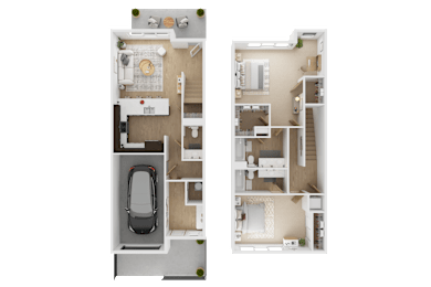 A floor plan of a two-story apartment with a garage and a second bedroom on the second floor  at Spyglass Hill Apartments, Bremerton, 98337