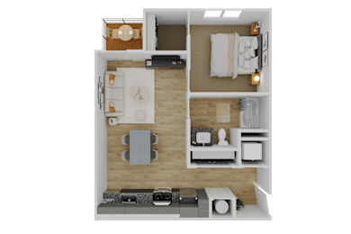 A top-down view of a small apartment with a kitchen, living room, and bathroom.