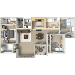 A 3D floor plan of a 3 bedroom, 2 bathroom apartment at Pinnacle Pointe
