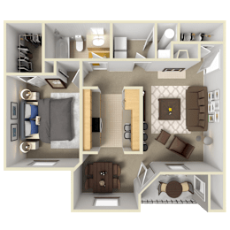 A 3D floor plan of a of one bedroom, one bathroom apartment at Pinnacle Pointe