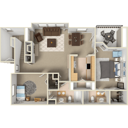 A 3D floor plan of a 2 bedroom, 2 bathroom apartment at Pinnacle Pointe