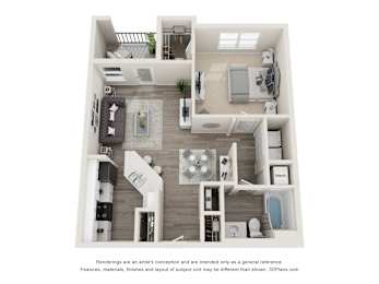 A 3D floor plan of a house with a kitchen, living room, and bathroom.