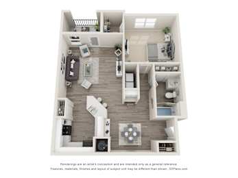 A 3D floor plan of a house with a kitchen, living room, and two bedrooms.