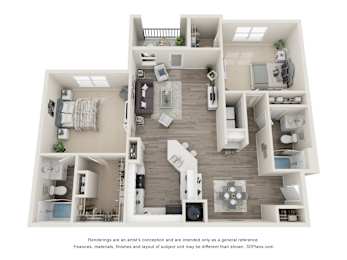A 3D floor plan of a house with a kitchen, living room, and two bedrooms.