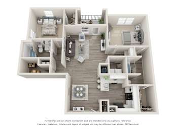 A 3D floor plan of a house with a kitchen, living room, and bedrooms.
